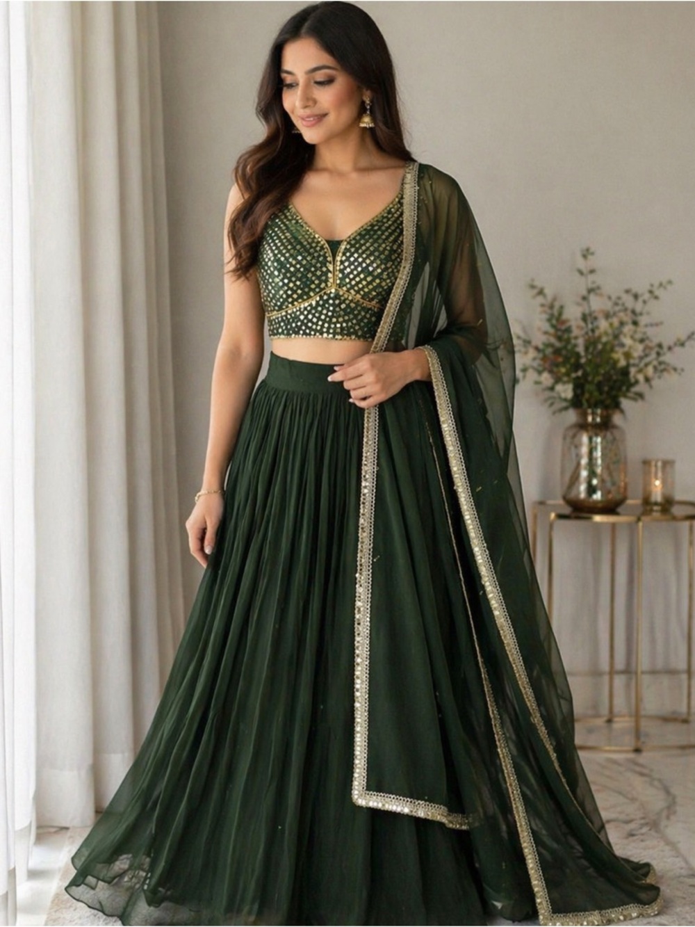 Lehenga Set 3-Piece Dark Green Gold Mirror Work Beaded Crop Top Skirt Dupatta